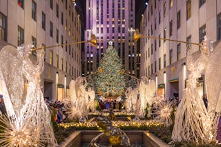 The enormous decorated Christmas tree at Rockefeller Center in Manhattan.