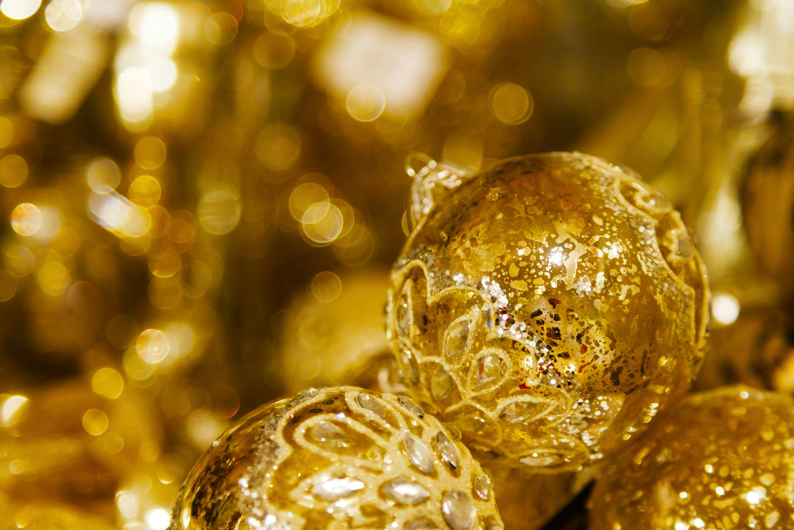 Gold Ornaments Sparkling By The Tree Background Free Christmas Hq