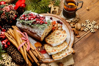 Traditional Christmas fruitcake dessert with wild berries.